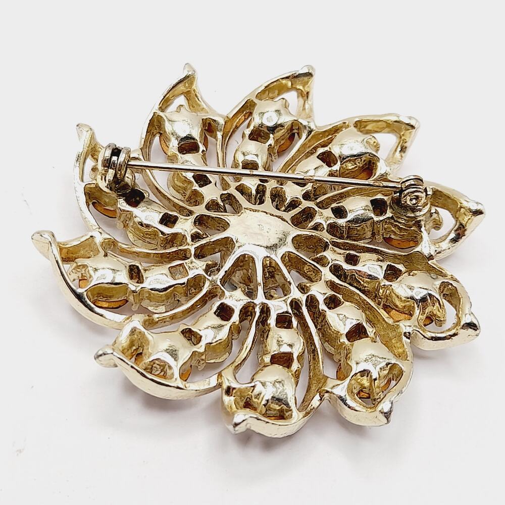 Vintage Topaz AB Rhinestone Flower Brooch Gold Plated 2 Inch Unsigned - Picture 5 of 8